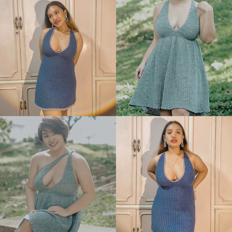 May include: Four women wearing different crochet dresses. The dresses are all sleeveless and have a deep V-neckline. The dresses are in shades of blue and green.