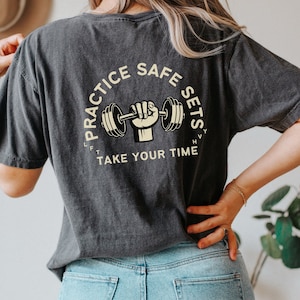 Practice Safe Sets, Workout T-Shirt for Men, Gym Muscle Tank Top, Hooded Tshirt with Long Sleeve, Weightlifting Funny Gym Lifting Apparel