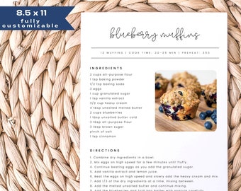 Minimalist Recipe Page Template, Editable Simple Recipe Card, Modern Recipe Card, Printable Recipe Card, Personalized Recipe 8.5x11