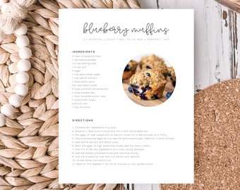 Minimalist Recipe Page Template, Editable Simple Recipe Card, Modern Recipe Card, Printable Recipe Card, Personalized Recipe 8.5x11