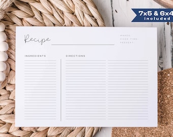 Blank Recipe Card Template,  Editable Simple Recipe Card, Modern Recipe Card,  Printable Recipe Card,  Personalized Recipe 6x4 7x5