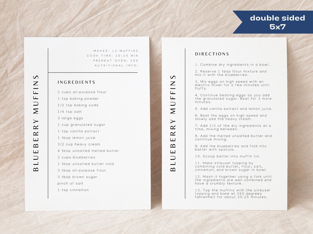 Double Sided Recipe Card Template, Editable Simple Recipe Card, Modern ...