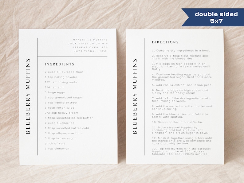Double Sided Recipe Card Template, Editable Simple Recipe Card, Modern ...