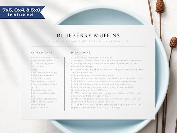Minimalist Recipe Card Template,  Editable Simple Recipe Card, Modern Recipe Card,  Printable Recipe Card,  Personalized Recipe 6x4 7x5