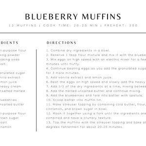 Puede incluir: Una receta para muffins de ar&aacute;ndanos con una lista de ingredientes e instrucciones. La receta requiere 2 tazas de harina para todo uso, 1 cucharadita de polvo para hornear, 1/2 cucharadita de bicarbonato de sodio, 1/4 cucharadita de sal, 3 huevos, 1 taza de az&uacute;car granulada, 1 cucharadita de extracto de vainilla, 1 cucharada de jugo de lim&oacute;n, 3/2 taza de crema espesa, 4 cucharadas de mantequilla sin sal derretida, 2 tazas de ar&aacute;ndanos, 1 cucharada de mantequilla sin sal, 3 cucharadas de harina para todo uso, 3 cucharadas de az&uacute;car moreno, una pizca de sal y 1 cucharadita de canela.
