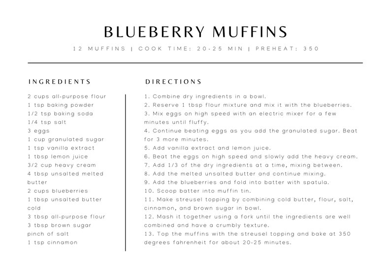 Puede incluir: Una receta para muffins de ar&aacute;ndanos con una lista de ingredientes e instrucciones. La receta requiere 2 tazas de harina para todo uso, 1 cucharadita de polvo para hornear, 1/2 cucharadita de bicarbonato de sodio, 1/4 cucharadita de sal, 3 huevos, 1 taza de az&uacute;car granulada, 1 cucharadita de extracto de vainilla, 1 cucharada de jugo de lim&oacute;n, 3/2 taza de crema espesa, 4 cucharadas de mantequilla sin sal derretida, 2 tazas de ar&aacute;ndanos, 1 cucharada de mantequilla sin sal, 3 cucharadas de harina para todo uso, 3 cucharadas de az&uacute;car moreno, una pizca de sal y 1 cucharadita de canela.
