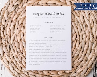 Minimalist Recipe Page Template, Editable Simple Recipe Card, Modern Recipe Card, Printable Recipe Card, Personalized Recipe 8.5x11