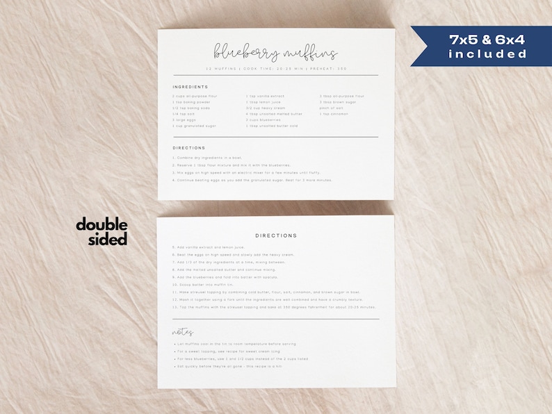 Puede incluir: Tarjeta de receta imprimible para muffins de ar&aacute;ndanos. La tarjeta es blanca con texto negro e incluye una lista de ingredientes e instrucciones. La tarjeta es de doble cara e incluye dos tama&ntilde;os: 7x5 y 6x4.
