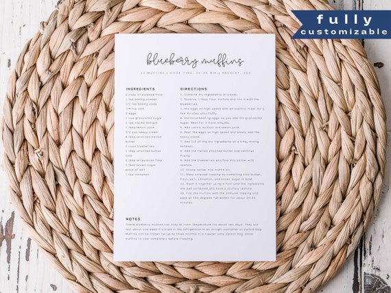 Minimalist Recipe Page Template, Editable Simple Recipe Card, Modern Recipe Card, Printable Recipe Card, Personalized Recipe Full Page
