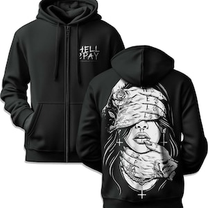 May include: Black zip-up hoodie with a front pocket and a hood. The front features the text "HELL PAY". The back displays a black and white graphic of a woman with hands covering her eyes, and the text "HELL 2 PAY".