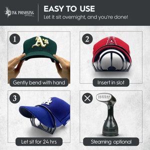 May include: A three-step guide on how to use a baseball cap shaper. The first step shows a hand gently bending a green baseball cap with the letter 'A' on it. The second step shows a red baseball cap with the letter 'A' on it being inserted into a black baseball cap shaper. The third step shows a blue baseball cap with the letter 'A' on it sitting in the black baseball cap shaper. The last step shows a steamer with a red 'X' over it, indicating that steaming is optional.