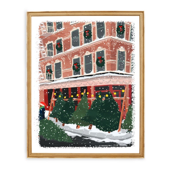 Christmas Tree Street Corner | West Village | NYC at Christmastime | New York City Christmas | Holiday Illustration | Cute Christmas