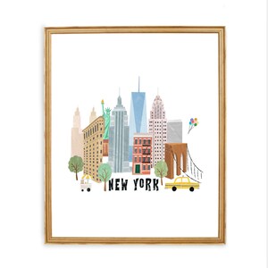 NYC Skyline kunstprint | New York City wanddecoratie | Taxi | Empire State Building | Brooklyn Bridge-illustratie