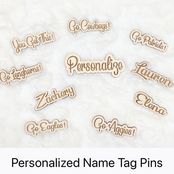 Personalized Wood Name Tag Pins for Backpacks, Lunch Bags, Tote Bags, Clothing, Handmade Items & Perfect Size for Mini Christmas Stockings