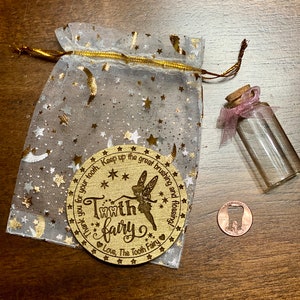 Tooth Fairy Gold Wooden Token, Real Penny Keepsake with Tooth Design, & Glass Bottle Keepsake for Baby Teeth Safe Keeping