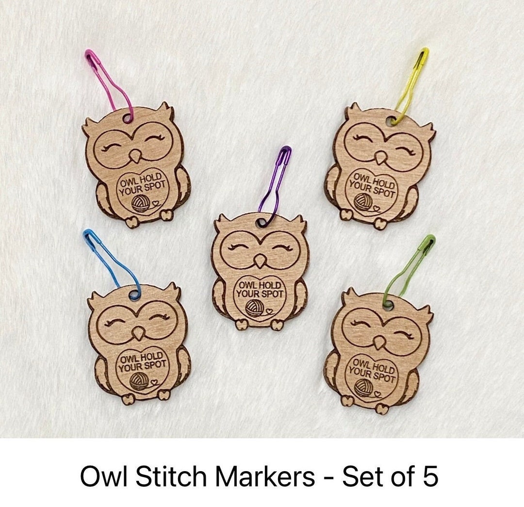 Owl Hold Your Spot Wood Stitch Markers, Set of 5 Owl Stitch Markers for