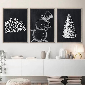 Arte de la pared de Navidad, conjunto de 3 impresiones, Navidad imprimible, decoración de Navidad negra, arte de la pared de vacaciones, árbol de Navidad, muñeco de nieve, descargable