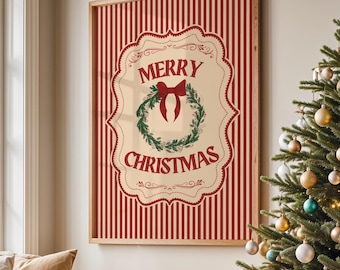 Vintage Christmas Print, Traditional Christmas Art, Candy Cane Stripe, Merry Christmas Wall Art, Vintage Holiday Decor, Printable Download
