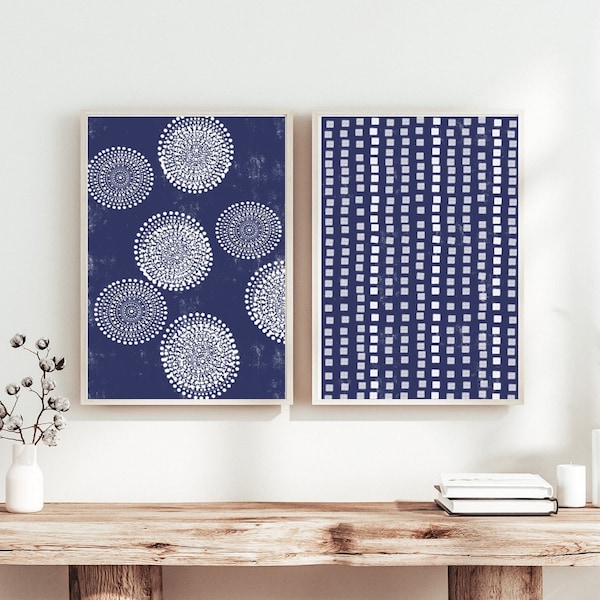 Indigo Blue Wall Art, Set of 2 Print, Abstract Wall Art, Boho Abstract Shapes , Watercolor Printable, Above Couch Wall Art, Digital Download