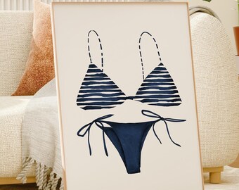 Navy Blue Bikini Print, swimsuit wall art, Beach House Decor (Digital Download)