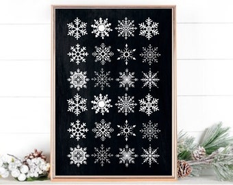 Snowflake Print, Winter Printable, Snowflakes Wall Decor, Winter Prints, Black Christmas Wall Art, Holiday Poster, Digital Download
