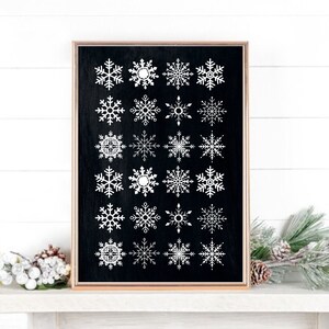 以下が含まれることがあります： 白い背景に25種類の異なる雪の結晶のデザインが描かれた、黒い額縁のキャンバス。雪の結晶はキャンバスに縦横に並んでいます。