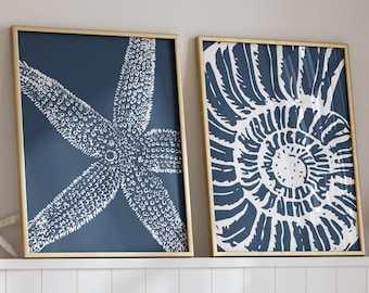 Blue Coastal Wall Art, Starfish & Seashell Print (Digital Download)