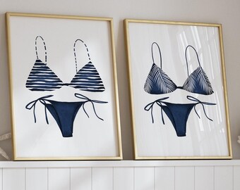 Navy Blue Bikini Prints, Lake House Art for bathroom, Beach House Decor (Digital Download)
