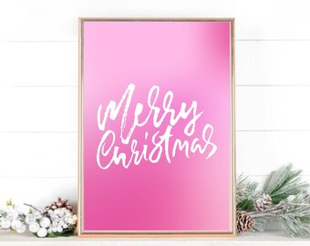 Pink Christmas, Merry Christmas Print, Pink Christmas Decor, Pastel Christmas Prints, Retro Pink Wall Art, Printable Wall Art