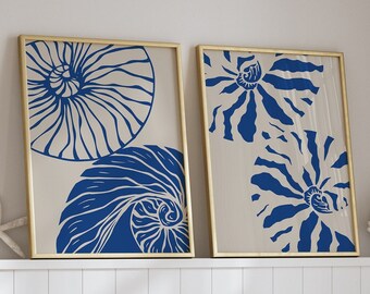 Blue Sea Shell Prints: Modern Coastal Wall Art (Digital Download)