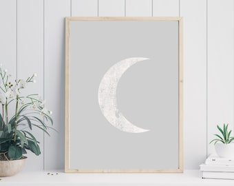Impressão de lua crescente, arte de parede cinza e branca, parede de lua para impressão, decoração de casa Boho, pôster de lua, download instantâneo