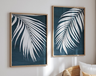 Palm Wall Art, Palm Leaf Prints, Tropical Wall Art, Navy Blue Art, Boho Coastal Wall Art, Beach Prints, Coastal Decor, Printable Art