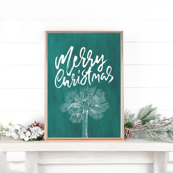 Christmas Beach Print, Beach Christmas Decor, Blue Christmas Decor, Merry Christmas Printable, Coastal Christmas Prints, Palm Tree, Download