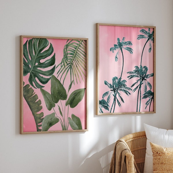 Tropical Wall Art, Pink Tropical Prints, Set of 2 Wall Art, Hawaiian Wall Decor, Palm Trees Art, Monstera Leaf Art, Beach House Art, Digital