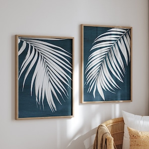 Palm Wall Art, Palm Leaf Prints, Tropical Wall Art, Navy Blue Art, Boho Coastal Wall Art, Beach Prints, Coastal Decor, Printable Art