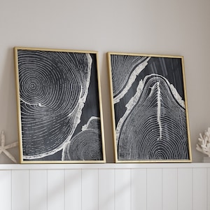 Tree Ring Art, Set of 2 Prints, Tree Ring Prints, Black Wall Decor, Nature Wall Art, Tree Log Slice Art, Cabin Decor, Printable Art