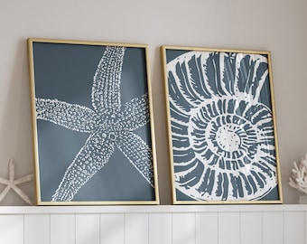 Beach Wall Art, Ocean Art, Coastal Art, Blue and White Beach Decor, Ocean Theme Art, Starfish Art, Sea Shell Print, Printable Wall Art