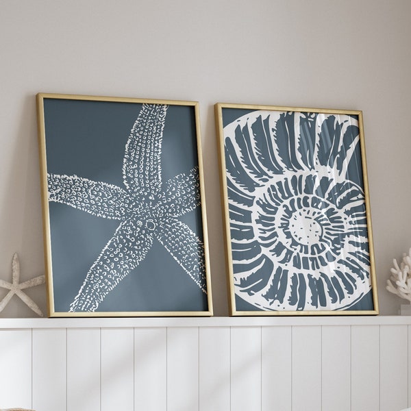 Beach Wall Art, Set of 2 Prints, Coastal Art, Blue and White Beach Decor, Ocean Theme Art, Starfish Art, Sea Shell Print, Printable Wall Art