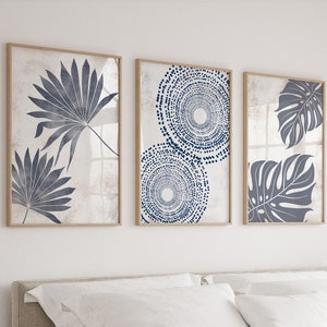 Blue and White Wall Art, Palm Leaf Prints, Set of 3 Prints, Tropical Wall Art, Beachy Decor, Monstera Leaf, Printable Wall Art