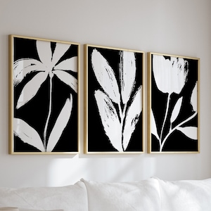 Botanical Wall Art, Flower Wall Decor, Floral Prints, Black and White Flower Art, Living Room Wall Art, Set of 3 Prints, Printable Art