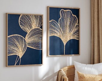 Navy Blue and Gold Wall Art , Set of 2 Prints, Botanical Art, Floral Leaf Prints, Living Room Posters, Printable Modern Art, Leaf Line Art