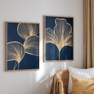 Blue and Gold Leaf Hexagon Art Print, Modern Abstract Print