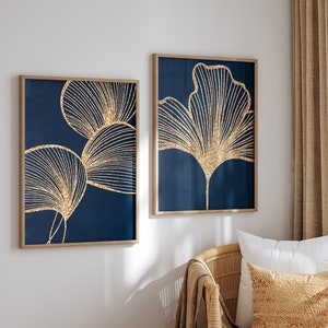 Navy Blue and Gold Wall Art , Set of 2 Prints, Botanical Art, Floral Leaf Prints, Living Room Posters, Printable Modern Art, Leaf Line Art