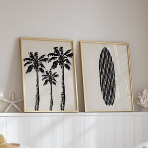 Beach Art Prints, Beach Wall Art, Neutral Coastal Art, Set of 2 Prints, Coastal Decor, Palm Tree Print, Surfboard Print, Printable Wall Art