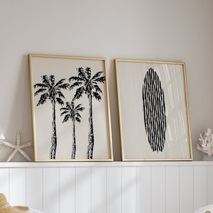 Beach Art Prints, Beach Wall Art, Neutral Coastal Art, Set of 2 Prints, Coastal Decor, Palm Tree Print, Surfboard Print, Printable Wall Art