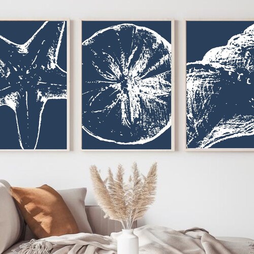 Beach Wall Art Set of 3 Prints Coastal Art Navy Blue Etsy