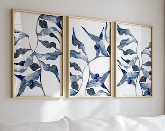 Coastal Botanical Wall Art Set of 3, Blue Watercolor Prints, Neutral Coastal Decor, Modern Organic Art, Minimalist Beach House Printable