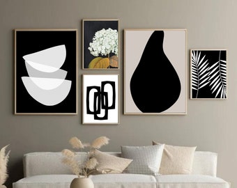 Black and White Gallery Wall, Set of 5 Prints, Abstract Wall Prints, Minimalist Art, Neutral Home Decor, Living Room Art, Digital Download