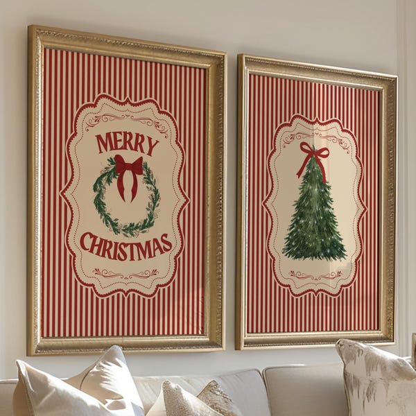 Vintage Christmas Print, Traditional Christmas Art, Candy Cane Stripe, Merry Christmas Wall Art, Vintage Holiday Decor, Printable Download