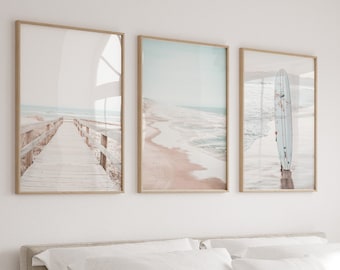 Beach Prints, 3 Piece Wall Art Set, Soft Beach Prints, Muted Coastal Art, Beachy Photographs, Coast Line Art, Surfboard Art, Printable Art